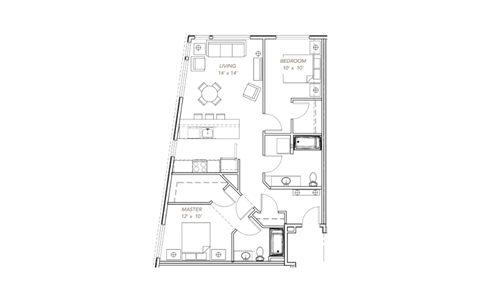 floor plan of the apartment with bedroom and living room on the second floor